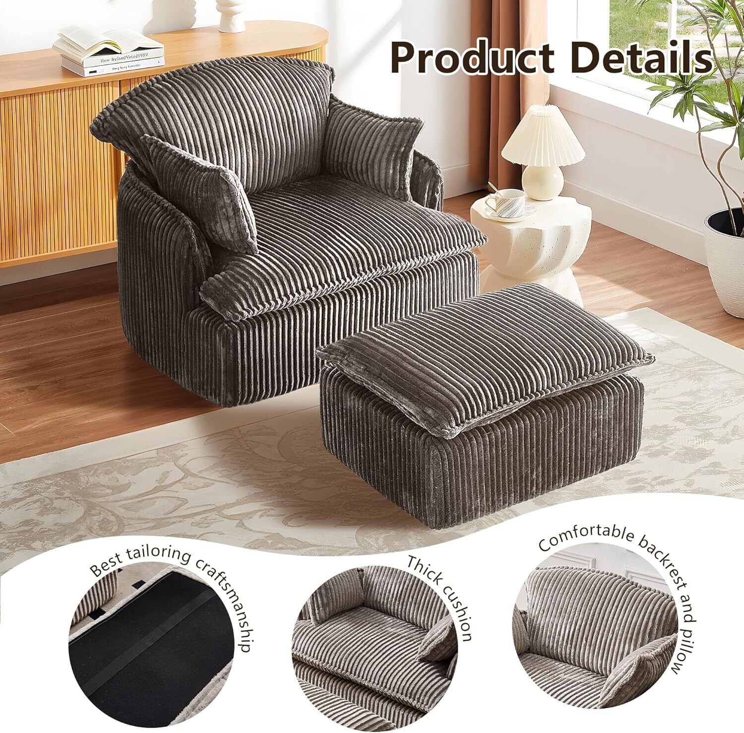 Floor Sofa Armchair Chaise Lounge Chesterfield Sofa w/ Footrest & Pillow Tatami