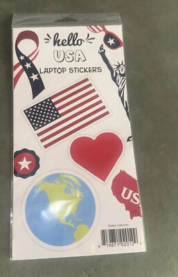 hello usa laptop stickers hand stand products. 3 Stickers. Flag, Heart & Earth