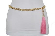 Women Belt Narrow Hip High Waist Gold Metal Chain Long Pink Fabric Tassel Xs S M