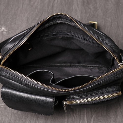 Men's Leather Crossbody Bag Black Multi-Pocket Shoulder Bag Travel Organizer - Picture 9 of 11