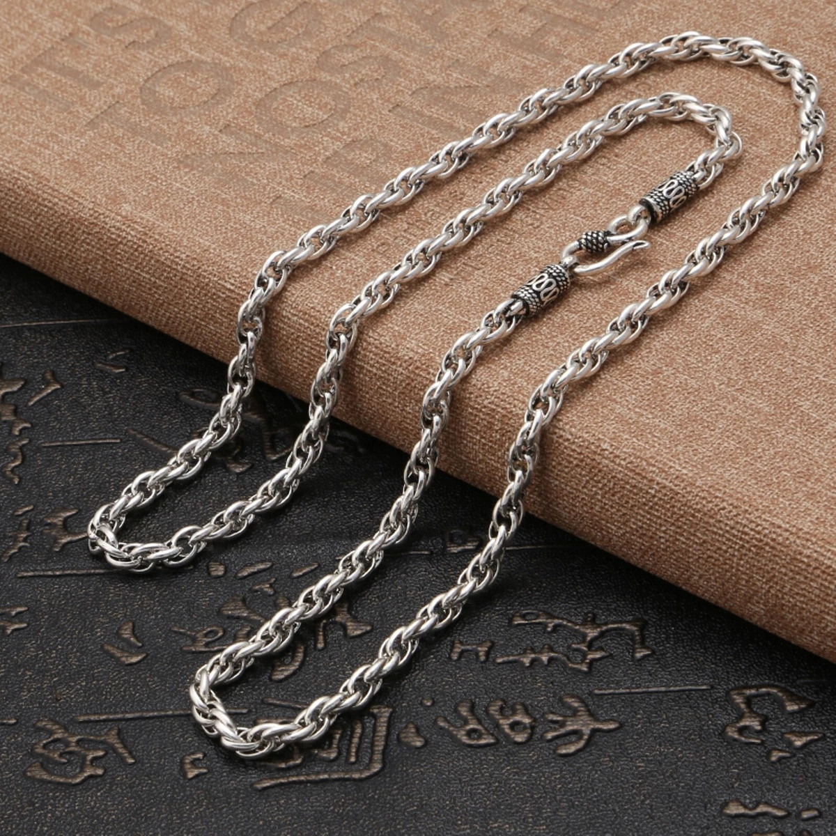 Pure S925 Sterling Silver Chain Men 4mm Retro Twist Singapore Rope Necklace