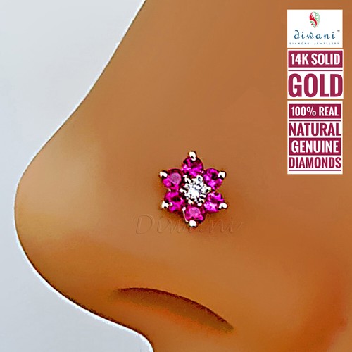 Natural 1 Diamond & 6 Gemstones Flower Nose Lip Labret Piercing Pin Stud Screw - Picture 54 of 91