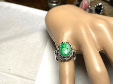 Vintage Sterling Silver 925 Ring with Oval Light and Dark Green Stone Size 5.25.