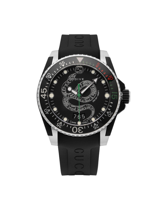 Gucci Dive Men's Snake Dial Black Rubber Strap Watch - YA136323