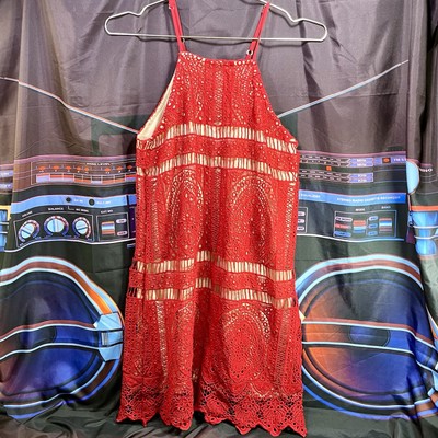 FRANCESCA'S Red Crochet Lace Mini Halter Summer Dress Women's M