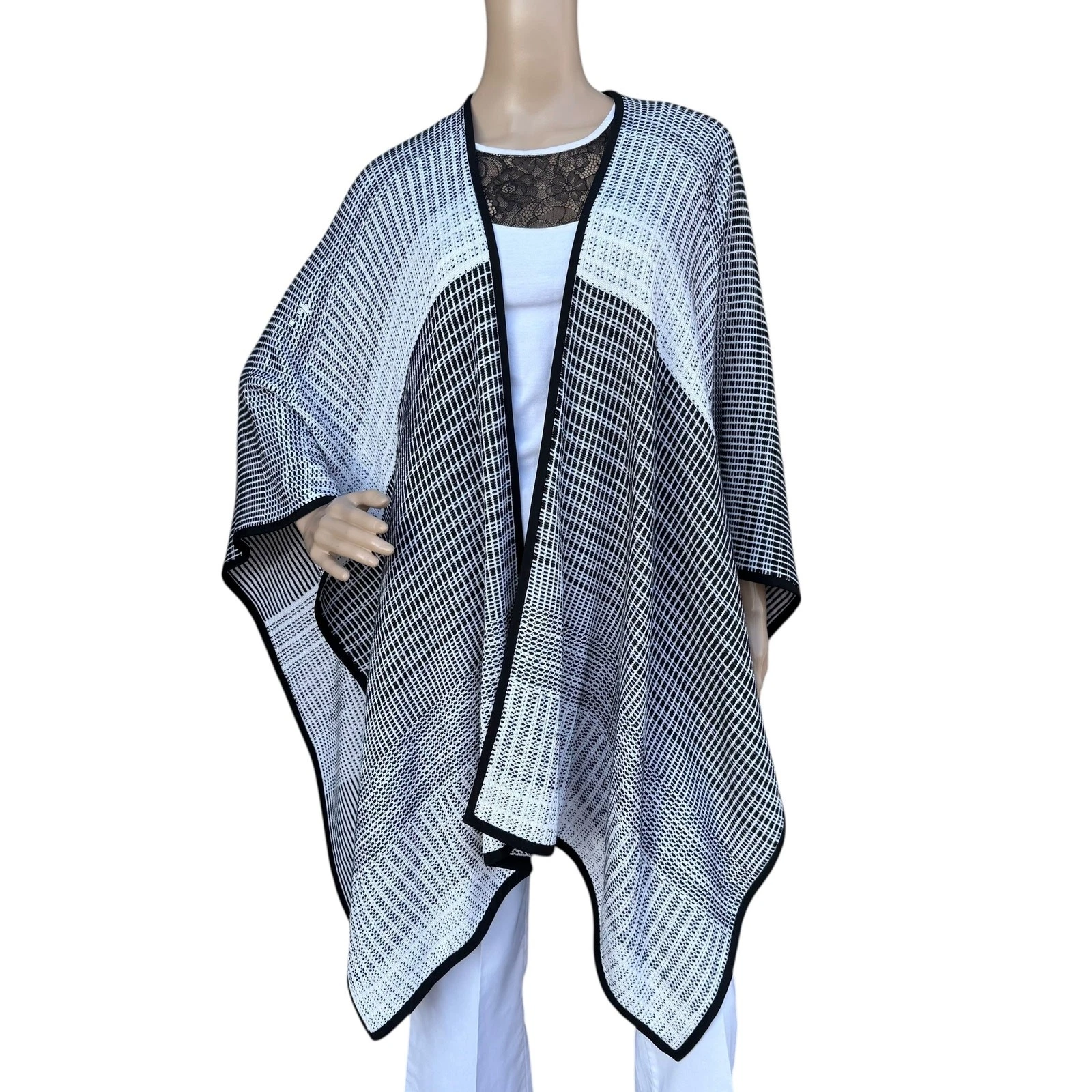 St. John Knit Poncho Cape Ruana Black White Geometric Silk Trim One Size