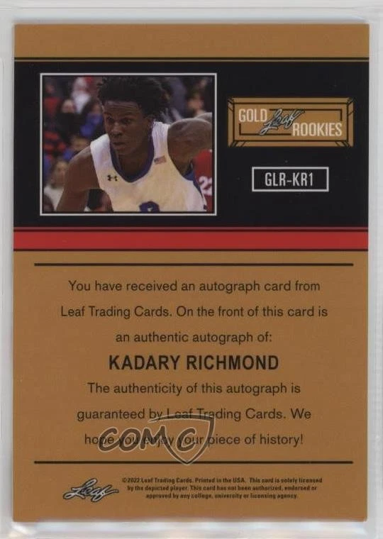 2021-22 Leaf Memories 1991 Gold Rookies Bronze Spectrum Kadary Richmond Auto - Image 2 of 2