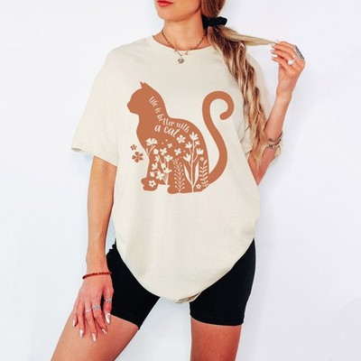 Life Is Better With A Cat Katzen Damen T-Shirt Blumen Grafik