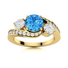 Swiss Blue Topaz  White Topaz 5MM Round 925 Silver Gold Plated Three Stone Ring