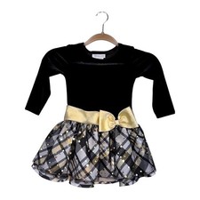 Bonnie Jean Girls 3T Black Velvet Plaid Tutu Holiday Wedding Dress Gold Bow
