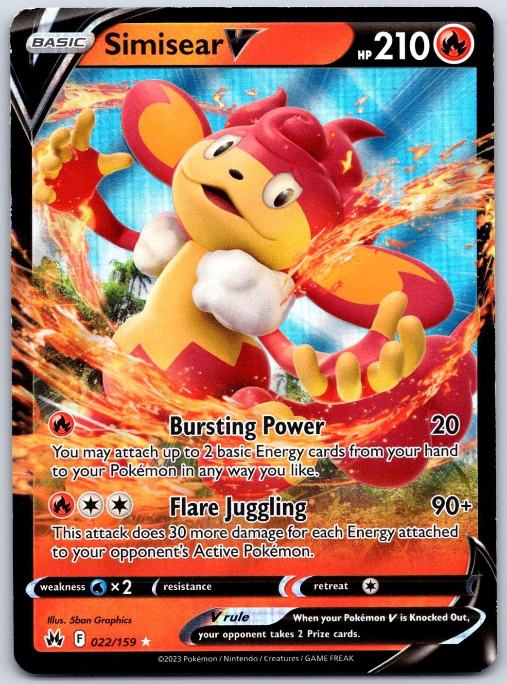 2023 Pokemon Simisear V 022/159 Holo V Rare Crown Zenith Lightly Played