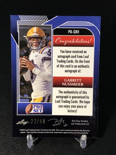 Carte 1/1 Garrett Nussmeier – 2025 Leaf Pro Set – Pink Cheetah Prizm – LSU