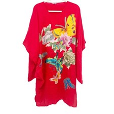 Vintage Womens Silk Japanese Kimono Kaftan Butterfly Floral Beach Cover Up FLAWS