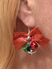 Holiday Bows and Gingle Bells Handmade Christmas Dangle Earings Free Shipping