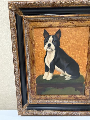Fine Boston Terrier Dog Painting Vintage Signed w Carved Wood Frame 24x20 - Picture 5 of 23