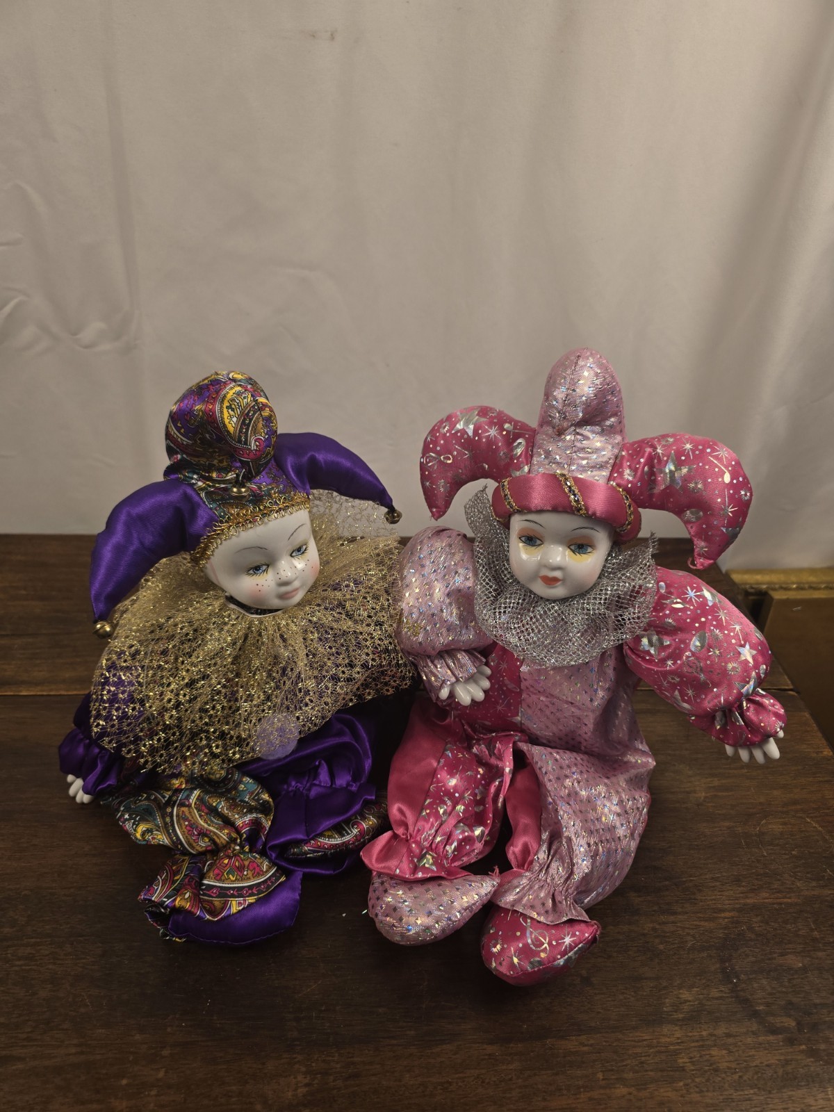 Set Of 2 Vintage 1970's Sitting On Shelf Porcelain Harlequin Juster Clown Doll