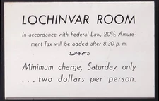 Lochinvar Room Nightclub Saturday $2 Cover Charge tentcard c 1940s