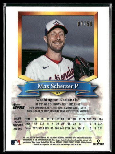 2021 Topps Finest Flashbacks #157 Max Scherzer Gold Refractor #/50 - Picture 2 of 2
