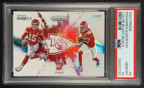 PATRICK MAHOMES XAVIER WORTHY RC PSA 10 2024 PANINI PRIZM 6 DUAL COLOR BLAST SSP