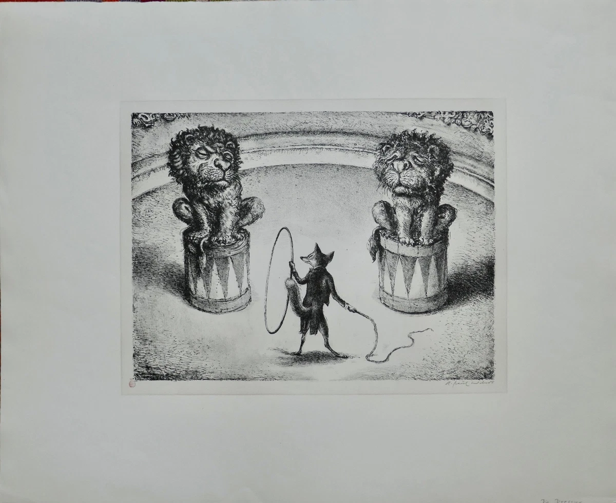 A. Paul Weber, Original Lithographie 1972, signiert, Die Dressur