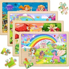 Wooden Puzzles for Kids Ages 4-6, 4 Pack with 24 Pieces Unicorn, Mermaid, Pri