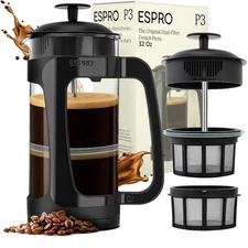 P3 French Press Coffee Maker – Patented Double Micro-Filter for Grit-Free Bre...