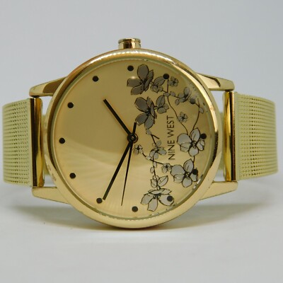 Nine West Women\'s All Gold Analog Quartz Floral Dial Mesh Round Bracelet Watch Amazon.com: Nine West Women main image 3