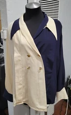Vtg CHANEL Boutique Couture 2 Tone Blue/Ivory CC LOGO BUTTONS  Blouse Sz 12/14