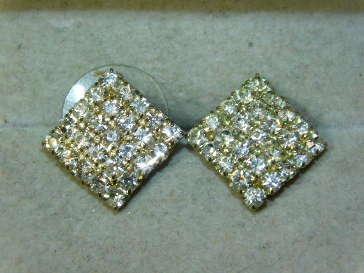 Vintage Silver Tone White Rhinestone Cute Square Stud Pierced