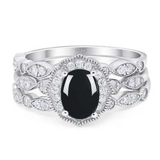 Three Piece Oval Natural Black Onyx Floral Wedding Ring 925 Sterling Silver 10mm