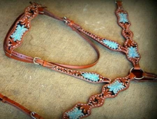 Western Horse Leather Tack Set w/ Crystal Rhinestones Bridle + Breast Collar