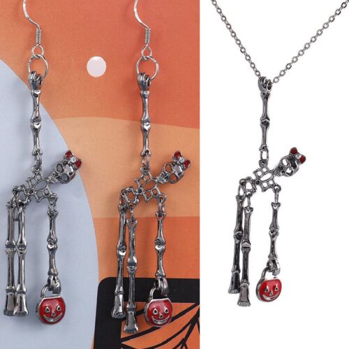 Halloween Sliver Plated Skeleton Hook Earrings Pendant Necklace Set Dangle Women - Photo 1 sur 9