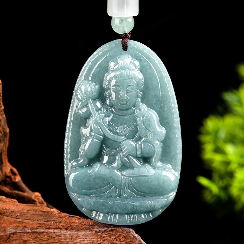 Certified Green Burma A Jade Pendant Hand Carved Blue Water Mahāsthāmaprāpta  