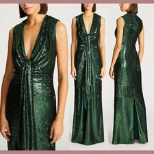 NWT $598 Halston [ 10 ] Magdalena Draped Sequined Gown in Bottle Green #J358