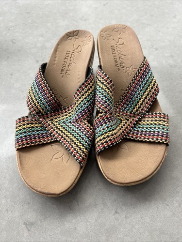 Skechers Cali Size 38 Eur US 8 UK 5 Luxe Foam Tan Multi Cork Wedge Heel Sandals - Picture 10 of 13