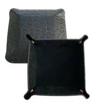 Genuine Black Leather & Suede Valet Jewelry Catchall Organizer Tray Collapsible