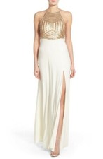 Steppin Out Womens Sequin Sleeveless Halter Neck Gown Dress Gold/Ivory Size 7