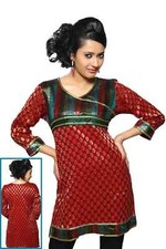 Red colored viscose Kurti with brocade neckline and lace work.