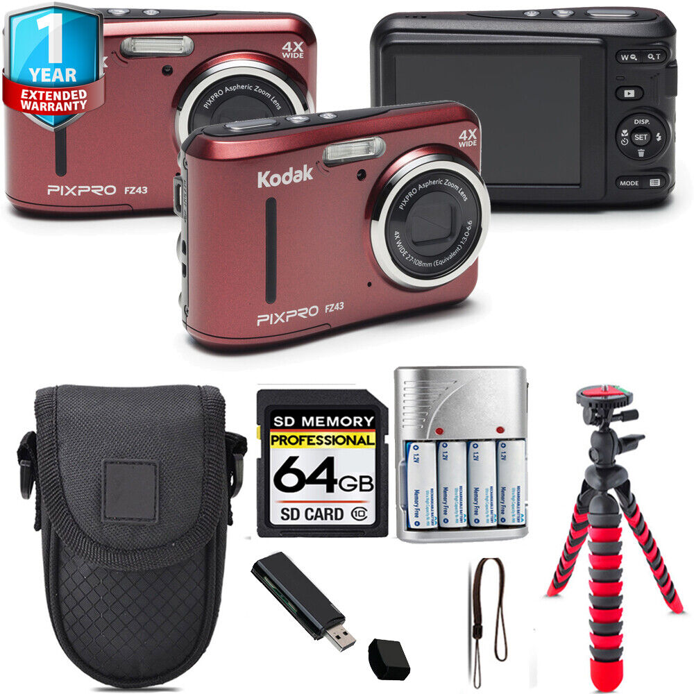 Kodak PIXPRO FZ43 Digital Camera (Red) + Tripod + 1 Yr Kodak PIXPRO FZ43 Digital Camera (Red) + Tripod + 1 Yr