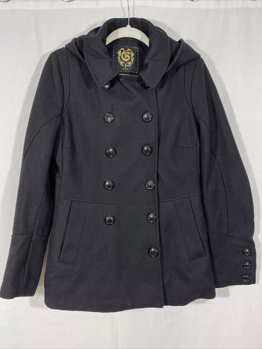GUESS WOMENS COAT WOOL BLEND PEACOAT REMOVABLE HOOD PREPPY SIZE LARGE CASUAL