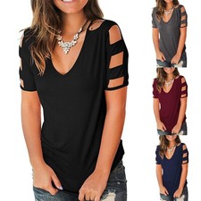 Women's Short Sleeve Hollow Out Cold  Summer Shoulder Tops Deep V Neck T Shirts
