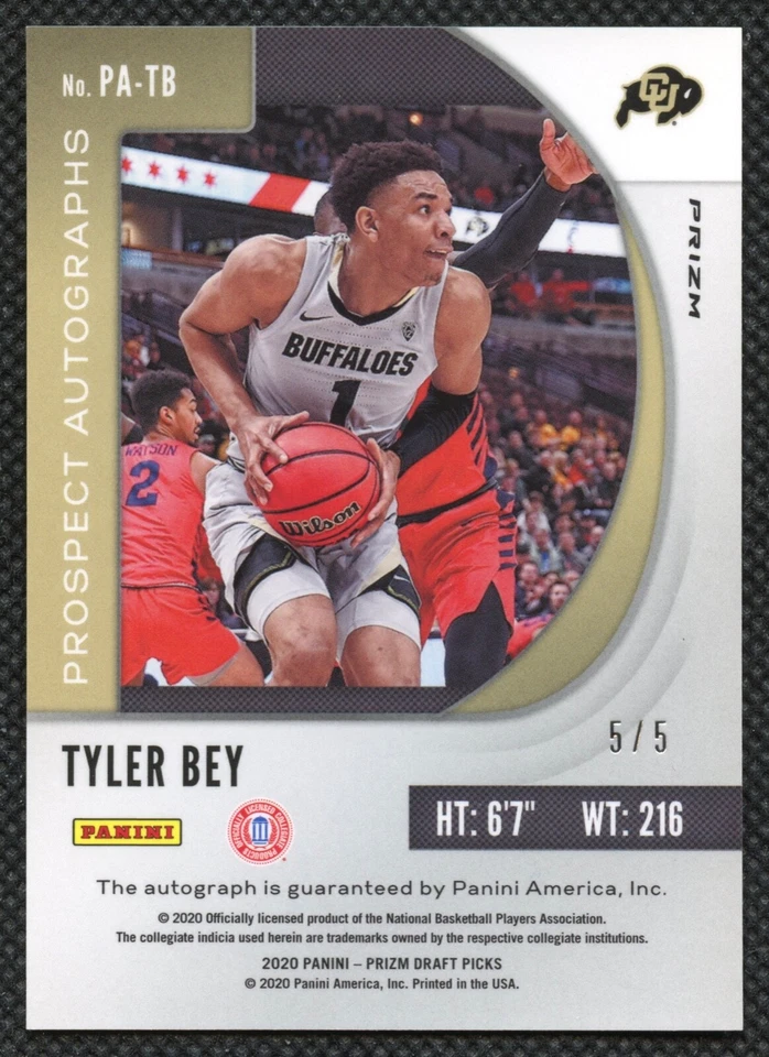 2020 Panini Prizm DP Tyler Bey Rookie 5/5 Auto Black Gold - Image 2 of 2