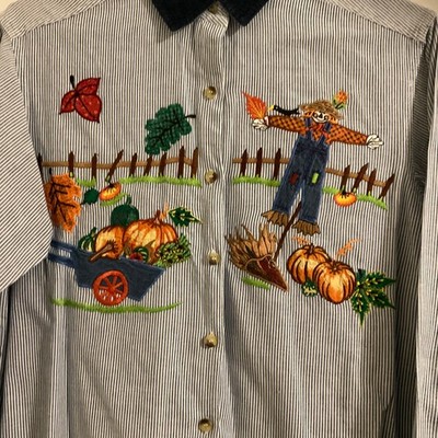 Vtg Y2K Casey & Max Embroidered Scarecrow Pumpkin Shirt Women s M Fall Harvest