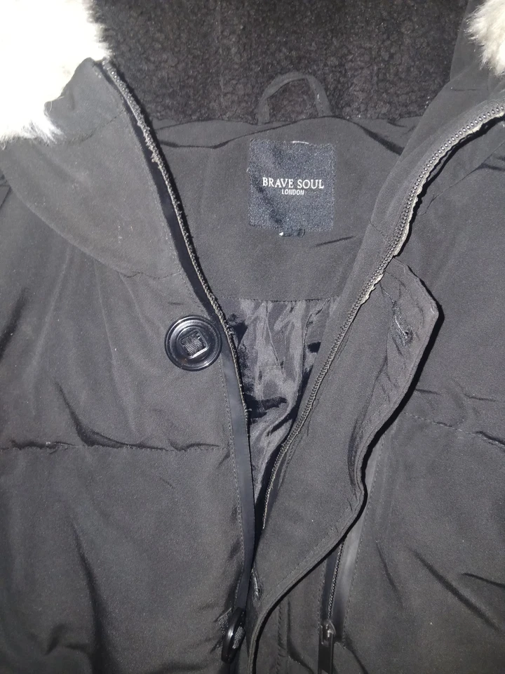 Brave Soul Black Parka Jacket with Fur Hood Mens Medium - Image 3 of 4