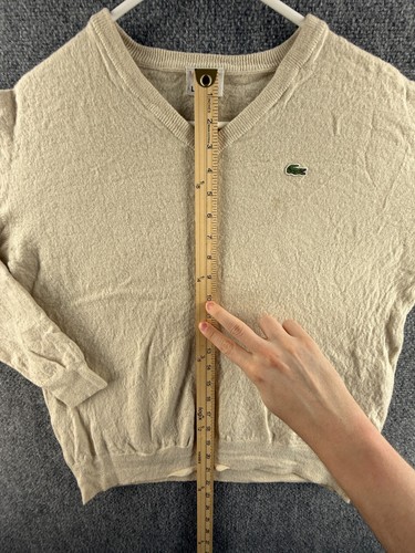Lacoste Men Sweater Pullover Beige Ivory Pure Wool Knit Croc Logo Adult V Neck - Picture 3 of 13