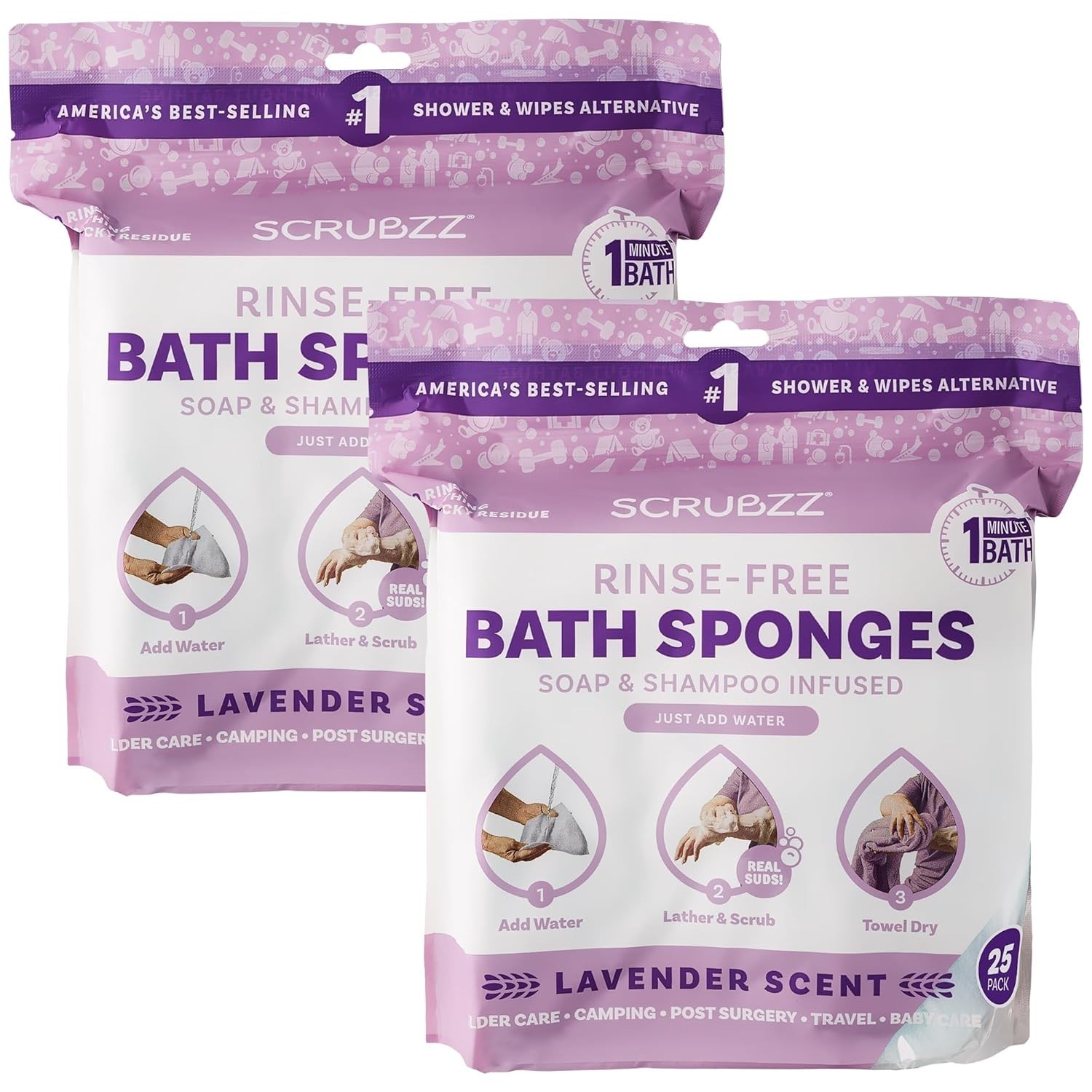 Hypoallergenic Lavender No Rinse Bathing Wipes, 2-Pack in 50 Count for Travel