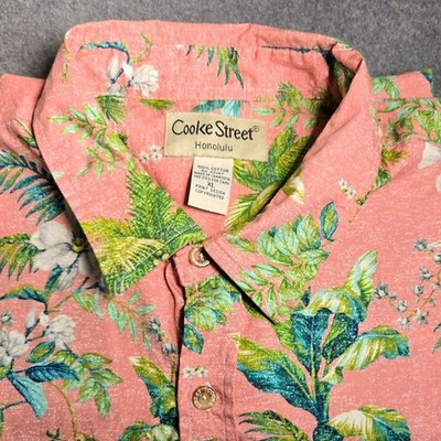 Cooke Street Honolulu Mens XL Pink Tropical Palm Floral Cotton Vacation Shirt