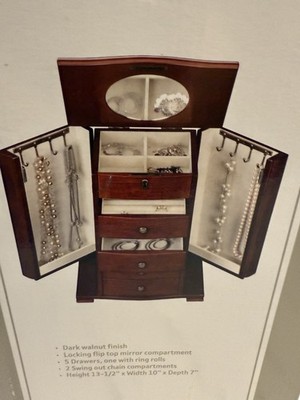 Monet Dark Walnut Jewelry Box 5 Drawers 138-3030, Height 13.5x Width 10x Depth 7