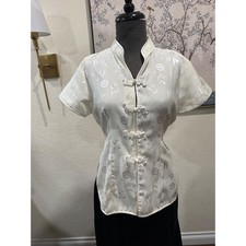TH New Fashion 100% Silk Cheongsam Blouse White Frog Button Mandarin Collar XL