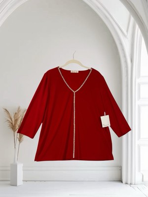 89th + Madison Ruby Red Rhinestone Studded V Neck Top Women s Size Large NWT $54